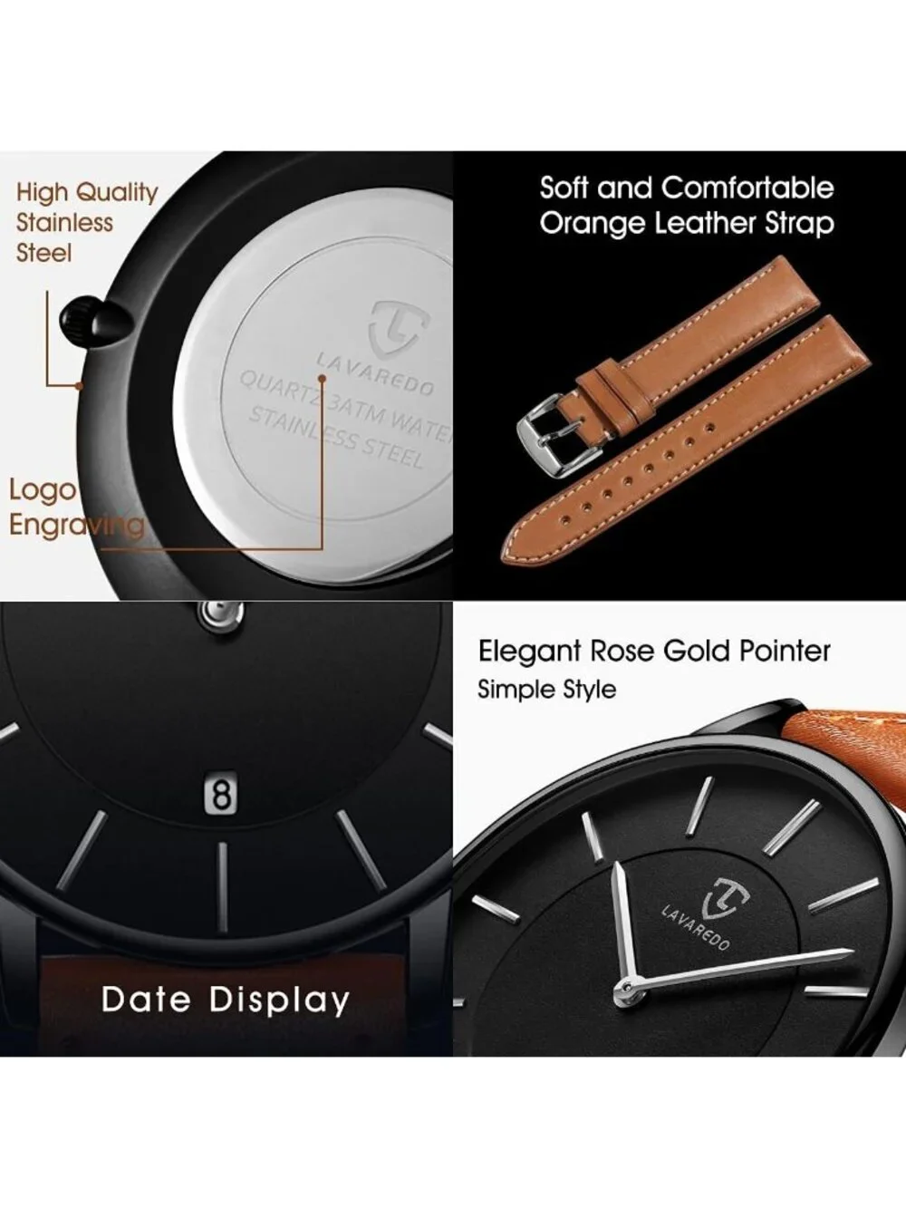 Men Orange Black Dial Leather Strap Analog Minimalist Fashion Simple Wrist Watch